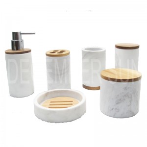 Juego de accesorios de baño de mármol blanco con piezas de madera