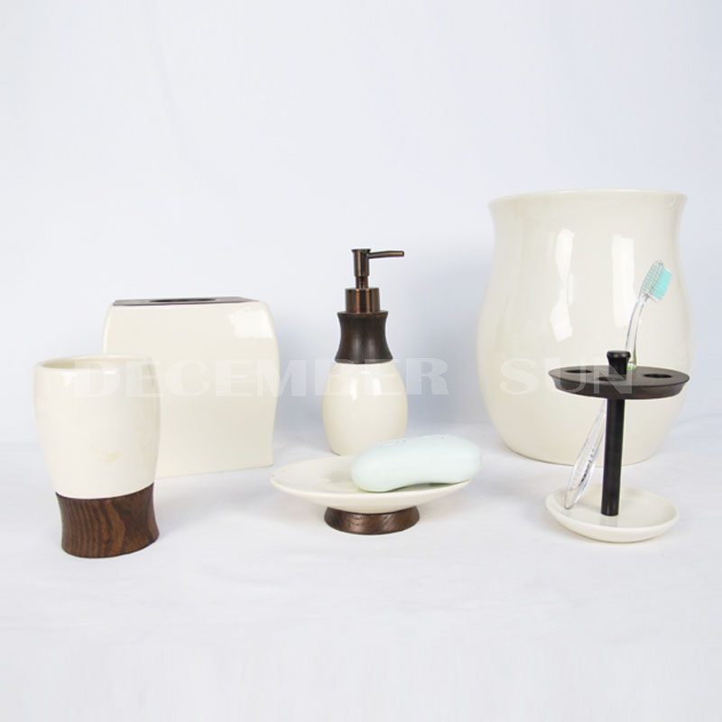 Accesorios de baño de cerámica con componentes de madera